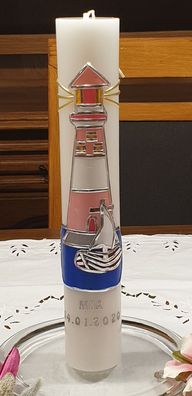 Taufkerze Kommunionkerze 320/55 mm Leuchtturm Rosa handgegossen handverziert Spruch