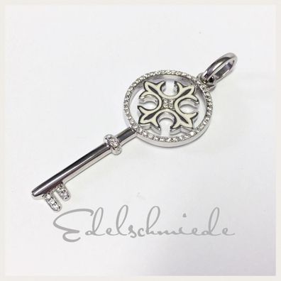 festlicher Kettenanhänger 925 Silber mit weißem Lack + Zirkonia - Schlüssel -