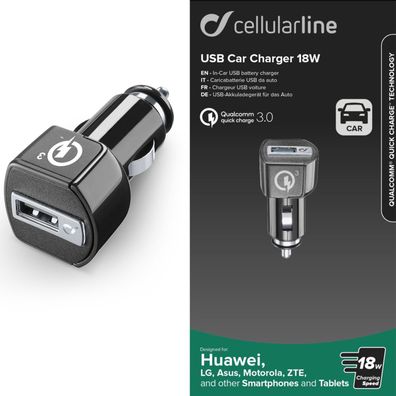 Cellularline KFZ USB Ladegerät 18W 3x Fast Charge Qualcomm 3.0 Universal 3A QC