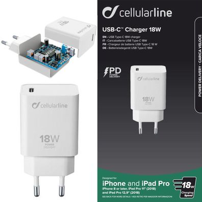Cellularline USB-C Schnell Ladegerät Adapter 18W 3A Typ-C Adapter Qualcomm 4+ QC