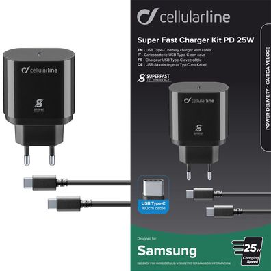 Cellularline 25W Typ-C USB-C Schnell Ladegerät Set Netzteil 1m Kabel Fast Charge