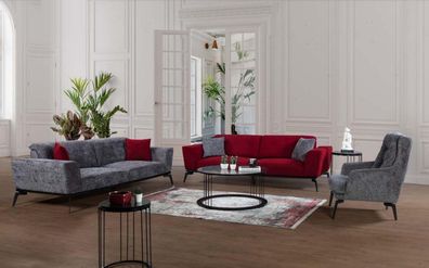 Sofagarnitur 3 + 3 + 1 Sitz Polster Sofa Wohnlandschaft Sofas Couch Möbel Rot Grau
