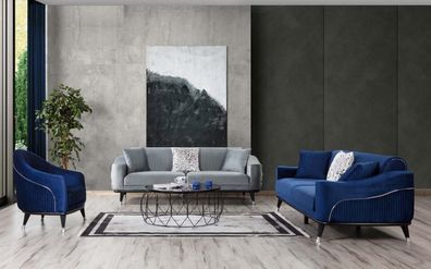 Sofagarnitur 3 + 3 + 1 Sitz Set Design Sofas Polster Couchen Holz grau blau Samt Neu