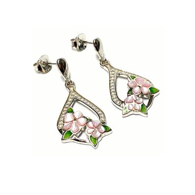 Ohrhänger 925 Silber Perlmutt rosa / grün Blüten Ranke mit Zirkonia