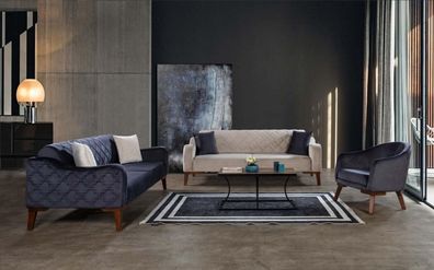Wohnzimmer Sofagarnitur Sofa 3 + 3 + 1 Blaue Polster Garnituren Set Sessel Textil
