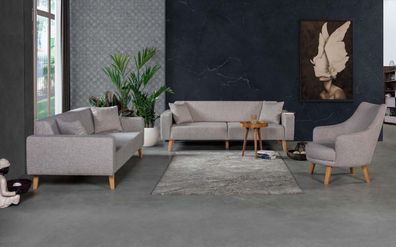 Sofa Couch Polster Sitz 3 + 3 + 1 Sitz Garnitur Design Holz Sofas Beige Sitzpolster