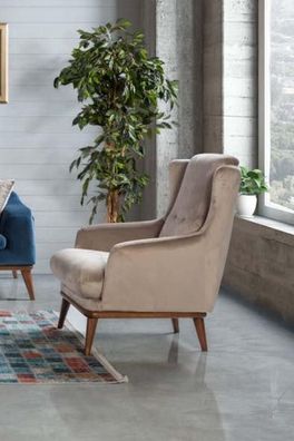 Sessel 1 Sitzer Beige Einsitzer Wohnzimmer Sofa Textil Design Stil Neu Holz