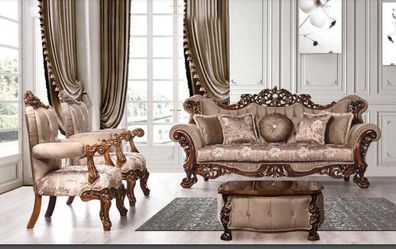 Sofagarnitur 3 + 1 + 1 Sitzer Garnitur Sessel Sofas Sitz Stoff Luxus Barock Möbel