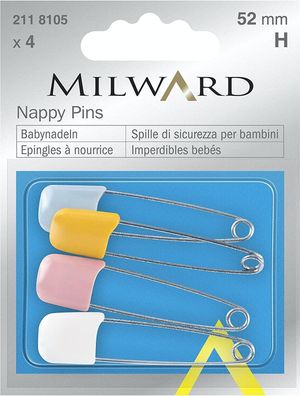 Milward 2118105 Babynadeln, 4 Stück, Nappy Pins, Sicherheitsnadeln