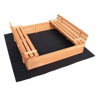 Sandkasten mit Deckel 2 Sitzbänke 98x98x21cm Sandkiste Holz Sandbox Vliesboden