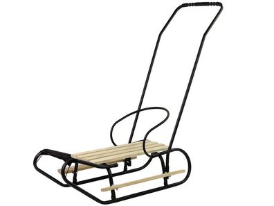 Metallschlitten mit Holz-Sitzfläche, Schiebestange und Rückenlehnengurt