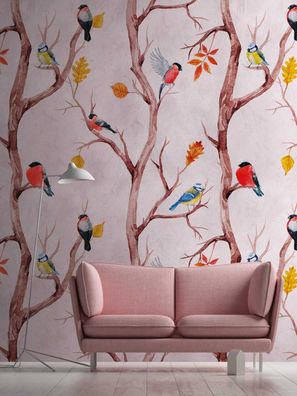 Vlies Fototapete Aquarell Vogel Motiv Bäume pink 159cm x 280cm 38230-1