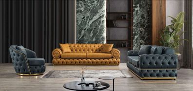 Luxus Chesterfield Sofagarnitur 3 + 3 + 1 Sitzer Garnitur Sofa Sessel Sofas Leder