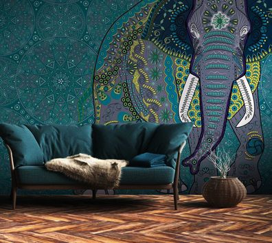Vlies Fototapete Mandala Elefant Indian Style bunt 371cm x 280cm 38262-1