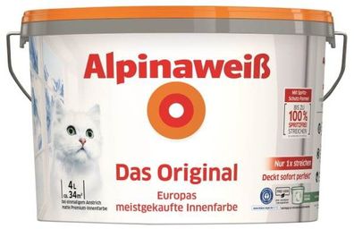Alpinaweiß Das Original, 4 L. weiße Wandfarbe höchste Deckkraft, DO, Spritz-Frei
