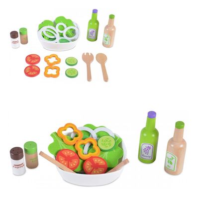 Moni Spielzeug Salat-Set 4303 aus Holz Schüssel Salat Gemüse Salatbesteck Essig