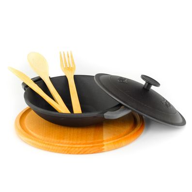 18 cm Wok-Pfanne Servierpfanne Bratpfanne Holzuntersetzer Gusseisen Gusswok