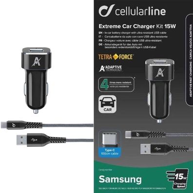 Cellularline 15W Typ USB-C KFZ Ladegerät Set Auto Netzteil 1m Kabel Qualcomm 3.0