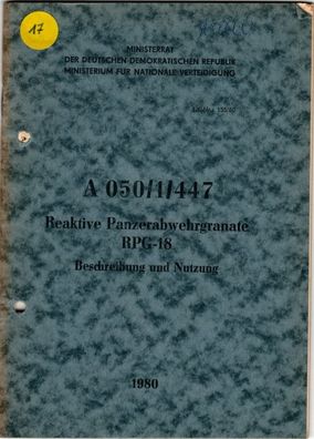 DDR NVA Dienstvorschrift A 050/1/447 Reaktive Panzerabwehrgranate RPG-18