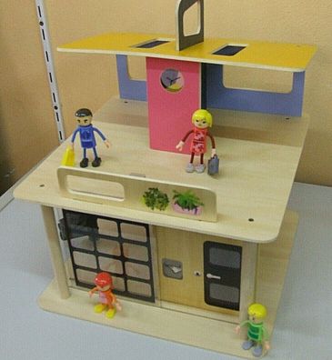Ab 3 Jahre großes mitnehm Kinder Holz Puppenhaus + 4 Puppen auf 2 Etagen Tragbar