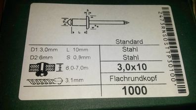 1000 Stk Blindniete Stahl/ Stahl Flach 3x10 Klemmt 6,0-7,0 3,0 x 10 (Gr. 3x10)