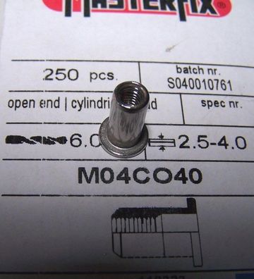 250 Blindnietmuttern M4 Edelstahl A2 Flachkopf 2,5-4,0mm ohne Rändelung #TC002