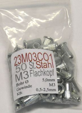 M3 Stahl Blindnietmuttern kleiner Senkkopf 0,5-2,0mm verzinkt und gerändelt (Gr. M3)