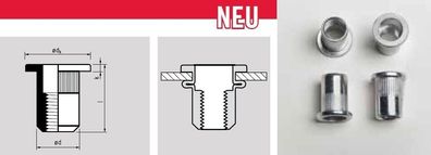 200 x Stahl Blindnietmuttern M5 M6 M8 und M10 Flachkopf Sortiment gerändelt