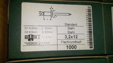 1000 x Blindniete 3,2x12 Stahl/ Stahl Flachkopf Klemmt 7-9,5mm