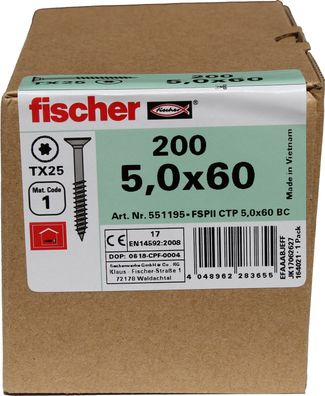 Fischer Spanplattenschraube Classic-Fast 5,0x60mm 200 St. TORX Teilgewinde