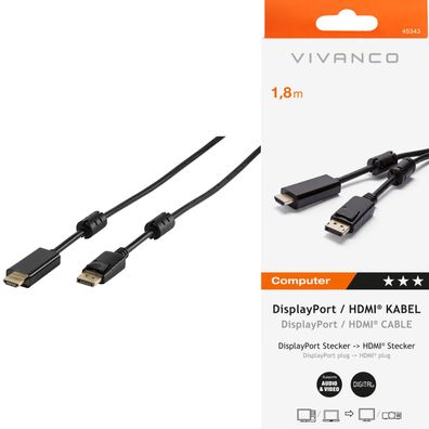 Vivanco 1,8 m DisplayPort - HDMI Kabel DP auf HDMI WQHD Highspeed 24kt vergoldet