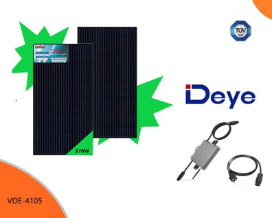 Balkonkraftwerk 600W / 740 Watt - Deye Sun 600 + 2x 370Watt Solarpanel Black