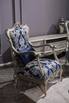 Luxus Einsitzer Sessel Couch Polster Möbel Blau Blumenmuster Sofa Lounge Barock