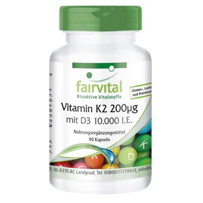 Vitamin K2 200µg mit D3 10000 I.E. 90 Kapseln - hochdosiert - fairvital