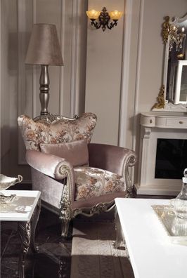 Gepolsterter Sessel Lila mit Blumenmuster Sofa Couch Wohnzimmer Möbel Barock Neu