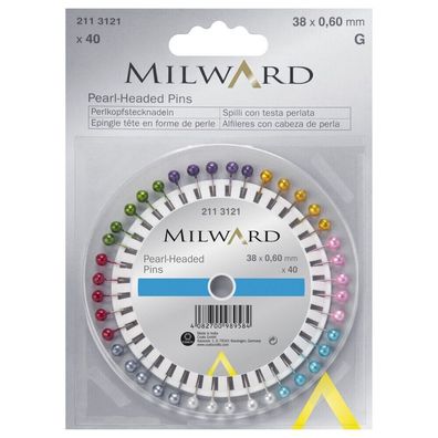 Milward 2113121 Plastikbox mit Perlkopfstecknadeln, 40, 38 x 0,65 mm