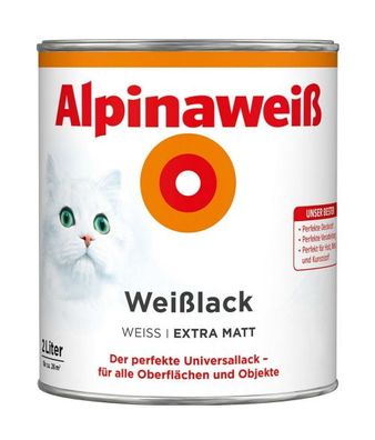 Alpinaweiß 2 L Weißlack Extra Matt 2in1 Grundierung & Lack, Acryl-Lack für 26 m&sup2;