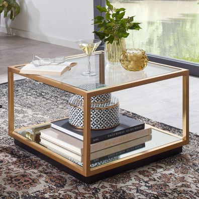 Wohnling Couchtisch Glas Spiegel 55x55x36cm Sofatisch Wohnzimmertisch Gold Tisch