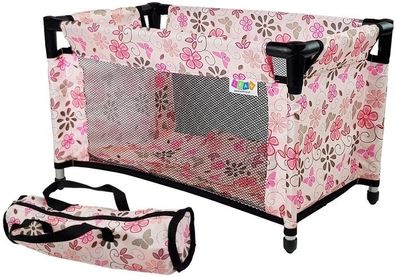 Puppenbett mit Zubehör - Rosa Blumen - 52,5 x 30,5 x 32 cm