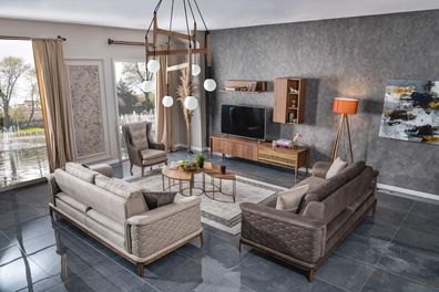 Garnitur Sofagarnitur Luxus 3 + 3 + 1 Sitzer Sofa Stoff Sessel Sofas Modern Braune