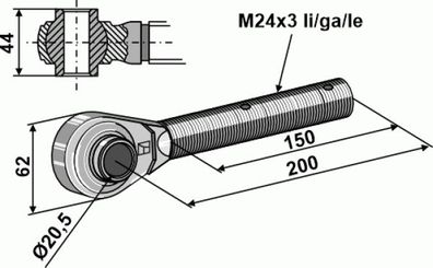 Spindel M 24 x 3 mit gehärteten Kugelaugen Länge 150/200 mm Linksgew.