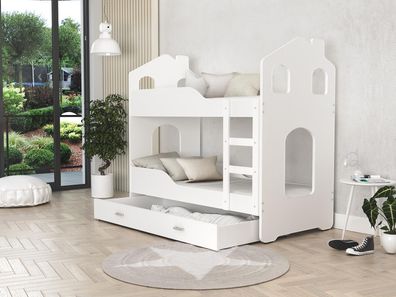 FURNIX Etagenbett in Hausform DERSI 80x190 mit Schublade und Matratzen Weiß-Weiß