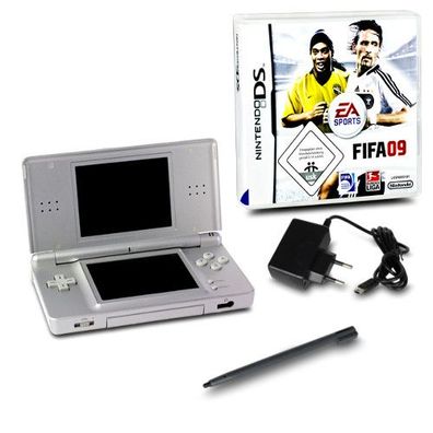 Original Nintendo DS LITE Konsole SILBER #73A + ähnl Ladekabel + Spiel FIFA 09