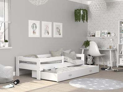 FURNIX Kinderbett CADEN 80x160 mit Schublade Rausfallschutz & Matratze Weiß-Weiß