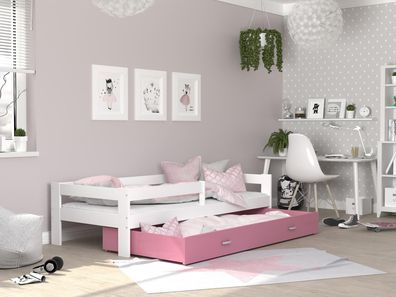 FURNIX Kinderbett CADEN 80x160 mit Schublade Rausfallschutz & Matratze Weiß-Rosa
