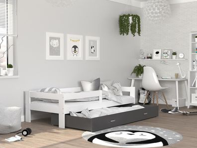 FURNIX Kinderbett CADEN 80x190 mit Schublade Rausfallschutz & Matratze Weiß-Grau