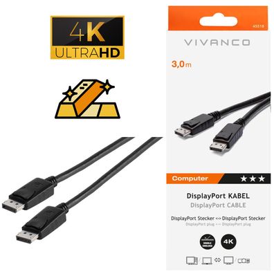 Vivanco 3m DisplayPort DP Kabel UHD 4K 144Hz Highspeed Gaming 24kt vergoldet