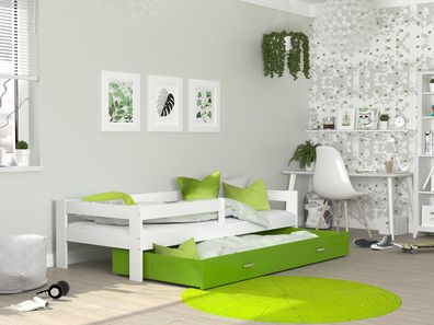 FURNIX Kinderbett CADEN 80x190 mit Schublade Rausfallschutz & Matratze Weiß-Grün