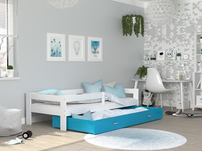 FURNIX Kinderbett CADEN 80x160 mit Schublade Rausfallschutz & Matratze Weiß-Blau