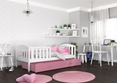 FURNIX Kinderbett KERINI P 90x200 mit Schublade und Matratze Weiß-Rosa
